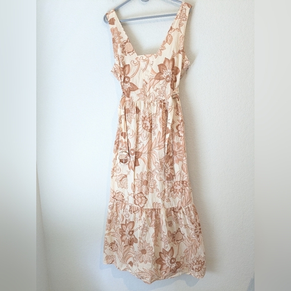 MNG Mango Orange Cream Cotton Sleeveless V-Neck Belted Flowy Martina Maxi Dress - Picture 6 of 11